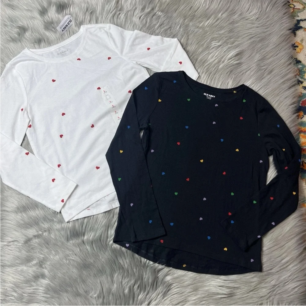 Bundle Of 2 Old Navy Girls White Black Heart Print Long Sleeve Shirts Size Large